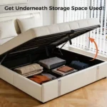 Queen Bed Frame with Adjustable LED Headboard | Faux Leather Upholstered Platform Bed – styled in a modern Living setting