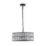 The chandelier viewed from below, revealing the layered crystal arrangement and central light bulb.