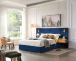 Queen size modern adjustable velvet bed frame with vertical channel tufted wingback headboard in a stylish bedroom setting