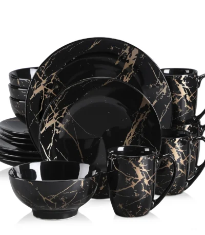 2021 LOVECASA Black 16/32/48 Piece Procelain Dinnerware Set Design By Gold Splash with Dinner Plate,Cake plate,Bowls,Coffee
