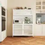 White Tall Storage Sideboard Cabinet for Kitchen Living & Dining Room with Glass Doors & Adjustable Shelves – styled