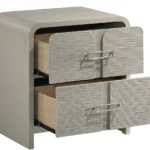 Modern 2-drawer nightstand beige with textured metal handles next to bed