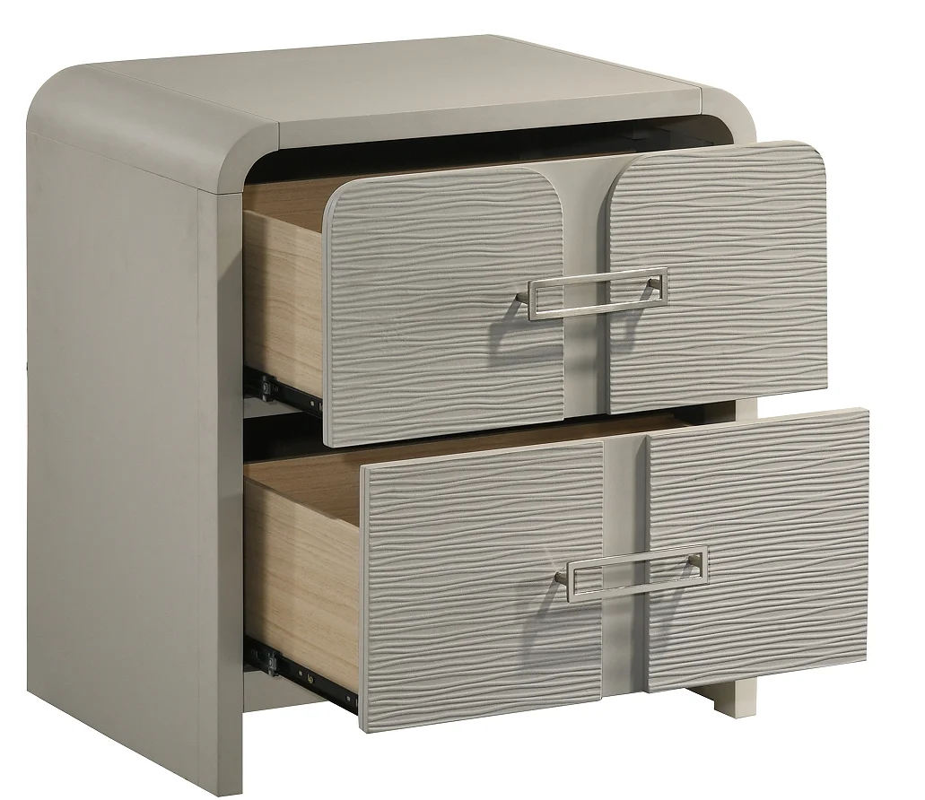 H11efeb9404e64fffa310c845696378efv.webp Modern 2-drawer nightstand beige with textured metal handles next to bed