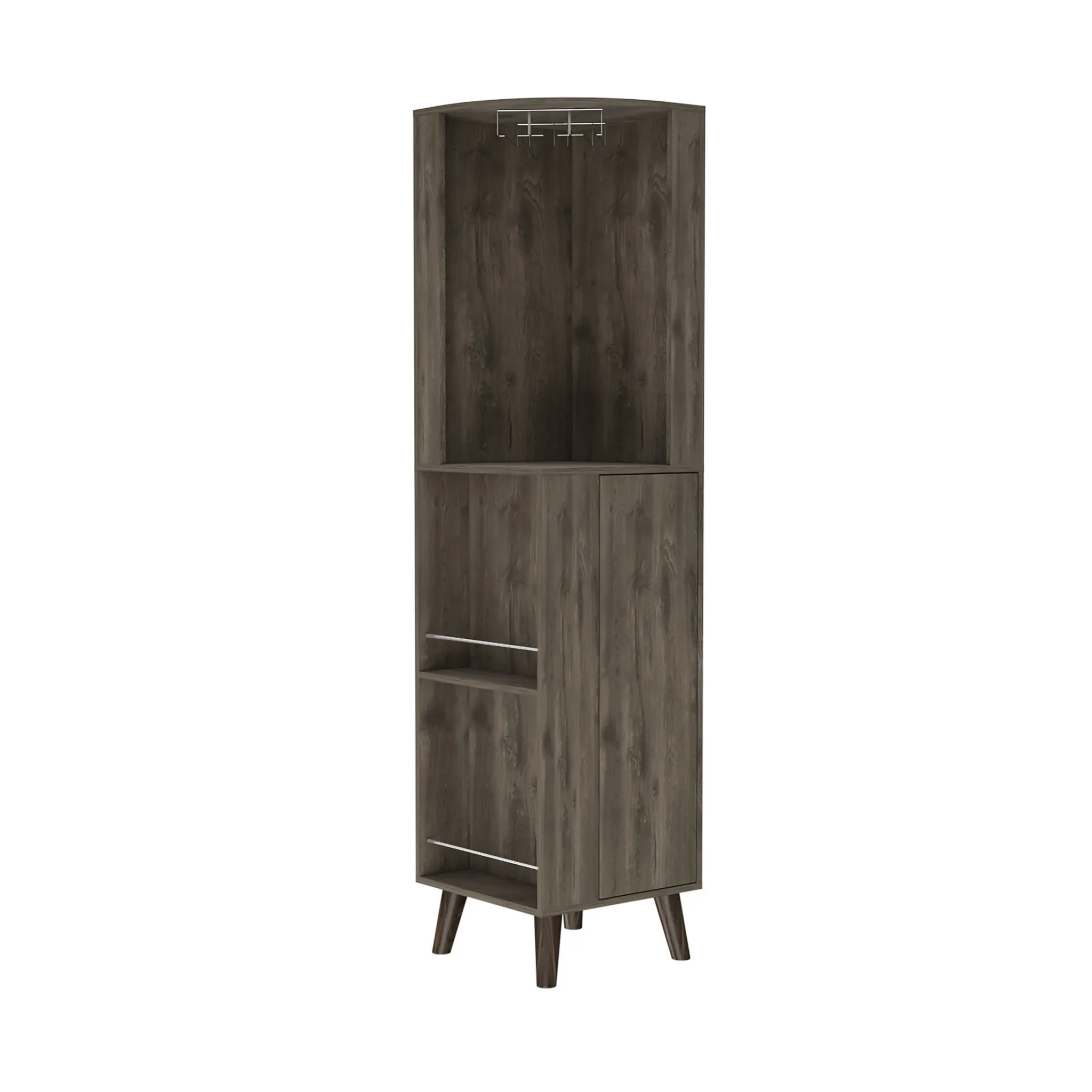 HMS 73 Modern Home Corner Bar Cabinet Dark Brown Wood with One Drawer Stainless Steel and Metal Panel