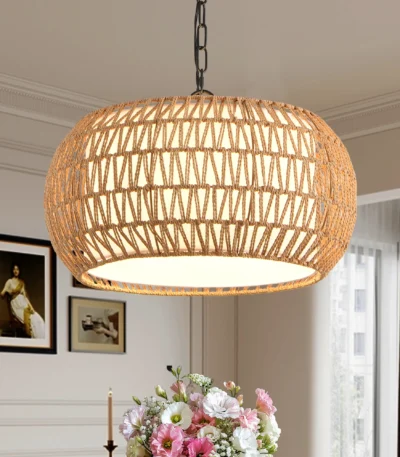 18-inch farmhouse pendant light with adjustable height, boho woven jute rope hanging ceiling light fixture in a rustic