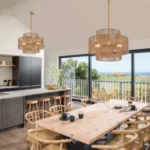 Boho Hand Woven Rattan Chandelier, UL listed Large Pendant Light for Kitchen Island Dining Room Living Room – angled view