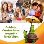 Frog turtle statue with solar light on patio, umbrella open, glowing at twilight, blends with outdoor plants.