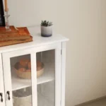 Buffet Storage Cabinet with Double Glass Doors and Unique Bell Handle, 1 Drawer White MDF Freestanding Sideboard - Image 5