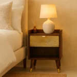Solid wood nightstand with one drawer and open shelf in dark brown with gold fan panel – modern bedside table on Goldoma