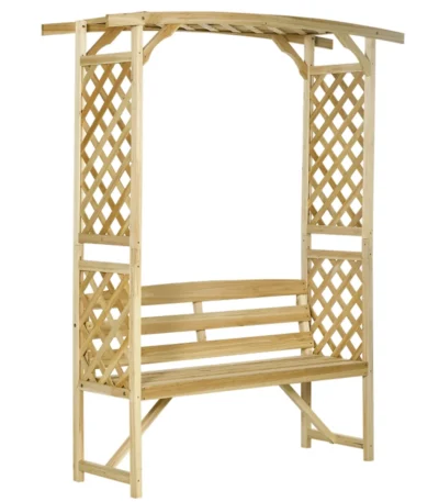 Natural acacia wood outdoor garden bench in a lush garden setting