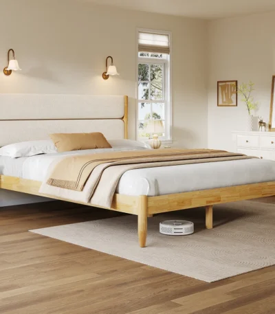 Goldoma queen size adjustable solid wood bed frame with fleece upholstered headboard in ivory - eco-friendly modern design