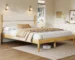 Goldoma Queen Size Modern Adjustable Solid Wood Bed Frame with Fleece Upholstered Headboard - Eco-Friendly Ivory