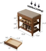 Mid-century shoe storage bench with memory foam cushion and hidden drawer in natural wood finish