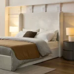 Goldoma queen upholstered wingback platform bed with adjustable 54-inch headboard in oak wood and fabric upholstery