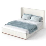 Goldoma queen size solid wood upholstered bed frame with cream corduroy wingback headboard in a modern bedroom