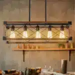Rectangular pendant light with visible metal frame and walnut wood accents against a white ceiling.