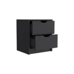 Two drawer nightstand with black wengue finish next to a bed