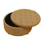 Goldoma Round Tufted Storage Ottoman with Nailhead Trim, Beige Fabric – styled in a modern Storage Ottomans setting