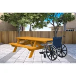 Goldoma natural solid wood outdoor picnic table with umbrella hole on a patio