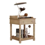 Retro wood nightstand with drawer and open shelf, natural turned legs