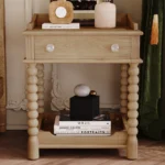 Retro wood nightstand with drawer and open shelf, natural turned legs