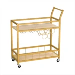 HMS 27" Gold Metal Wood Rolling Bar Cart with Wine Storage Serving Trolley for Dining Living Room Hotel Made of Steel Brass - Image 2