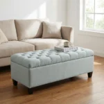 Goldoma dark brown leather storage ottoman bench in living room with pillows