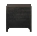 Modern wood nightstand with drawers in a bedroom setting, showcasing two spacious drawers and a warm wood finish