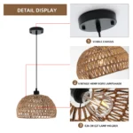 Boho Rattan Pendant Light, Farmhouse Woven Rope Chandelier, Rustic Cage Hanging Lamp, E26 Semi Flush Mount for Kitchen