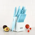 No Rust 14 Pieces Blue Stainless Steel Blade Kitchen Knife Set with Wooden Stand Kitchen Scissors – styled in a modern