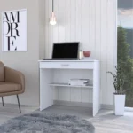 HMS 32" White Wood Computer Desk Modern Simple Design with Shelf and Drawer Adjustable Office Desk Metal and Wooden Material