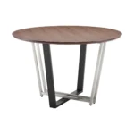 48-inch round two tone dining table with brown wood top and black iron sled base in a dining room setting