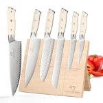 6-piece Damascus steel knife set with wood block on marble countertop