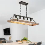 34 Inch Black and Walnut Wood Grain Pendant Light,5 E26 Bulb Sockets, Adjustable Chain Height,Modern Farmhouse Chandelier