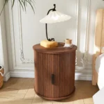 Modern cylinder end table with built-in charging station and sliding door storage