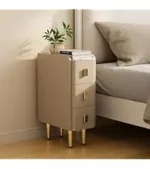 Beige leather narrow nightstand with drawers and stone top, perfect as a small bedside table