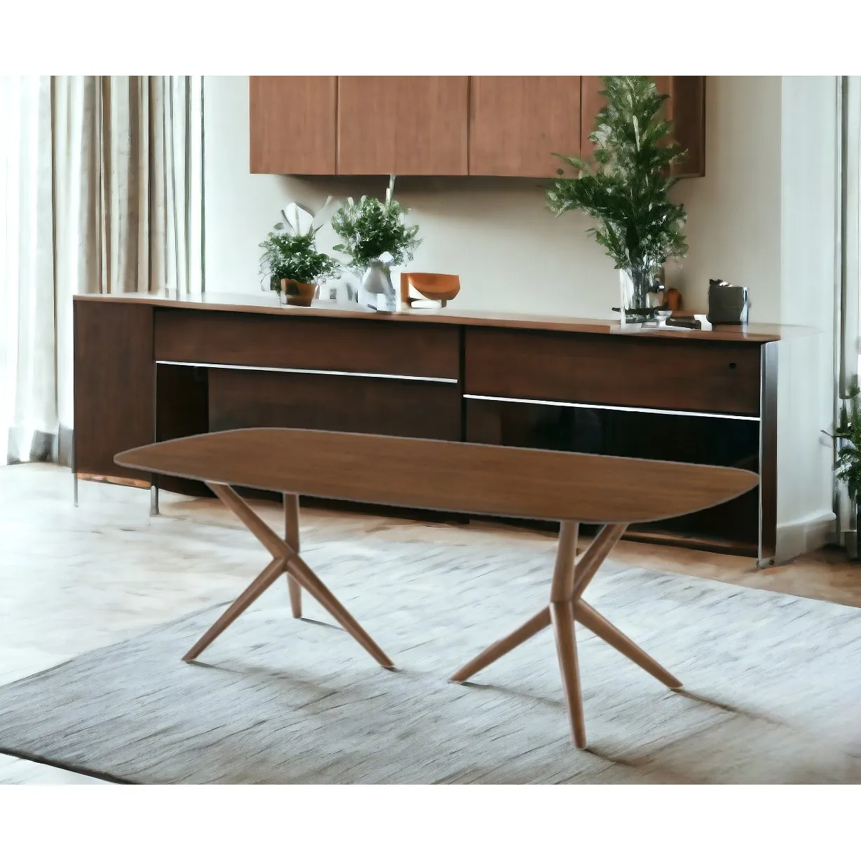 Rustic brown walnut dining table with spacious rectangular top