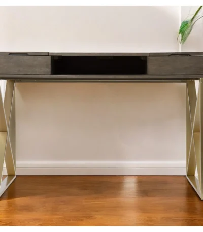 HMS 45 Modern Office Desk with Two Drawers Gray and Gold Melamine Steel Writing Desk Furniture
