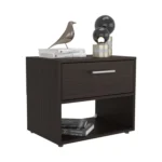 Modern walnut nightstand with drawer and shelf in a bedroom setting