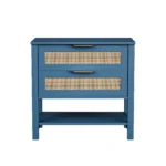 Rattan nightstand with drawers and storage shelf in turquoise finish, boho bedside table for bedroom