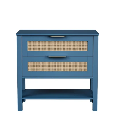 Rattan nightstand with drawers and storage shelf in turquoise finish, boho bedside table for bedroom