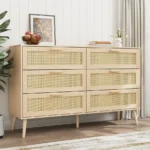Modern European rattan dresser with six drawers and solid oak handles in a bedroom