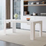 Modern white MDF dining table with grooved legs in a bright dining room setting