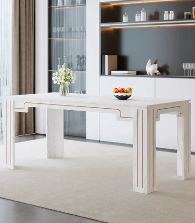 Modern white MDF dining table with grooved legs in a bright dining room setting