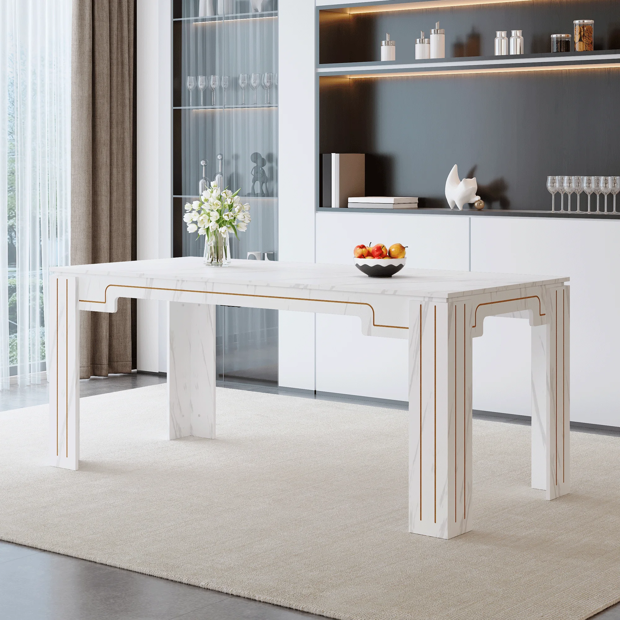 H14dfd6c5bb564bcca25f3f4c91791425P.webp Modern white MDF dining table with grooved legs in a bright dining room setting