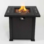 28-inch propane fire pit table with black steel square design on patio