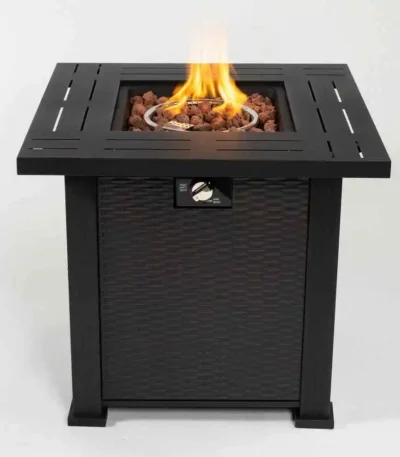 28-inch propane fire pit table with black steel square design on patio