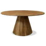 60-inch solid wood pedestal dining table with lazy susan in natural distressed finish, seating six people comfortably