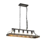 34-inch black gold vintage pendant light with five E26 bulb sockets against a dark wall.
