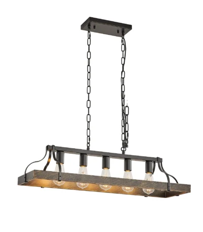 34-inch black gold vintage pendant light with five E26 bulb sockets against a dark wall.